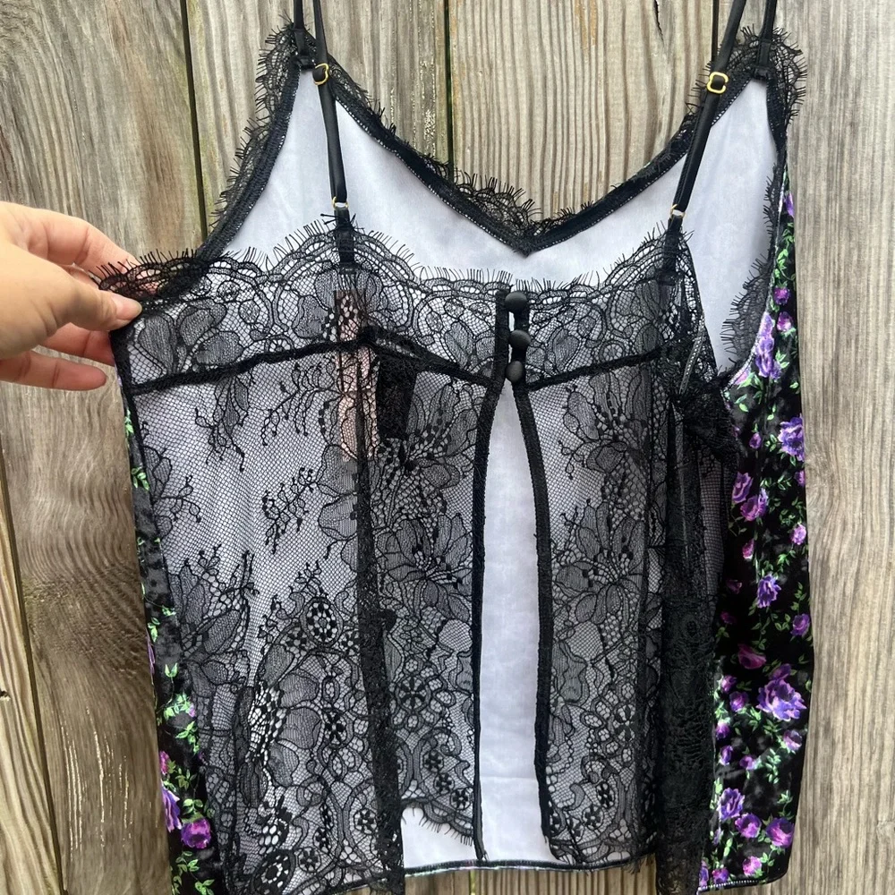VICTORIAS SECRET Velvet Lace-Back Cami Set Black Purple Floral Women’s Med NWT